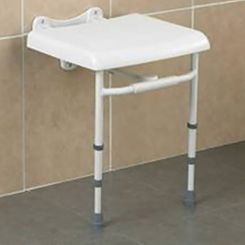 A Savanna Wall Mounted Shower Seat In White mounted onto a shower wall and the legs down ready for u